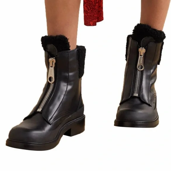 Chloe Roy Shearling-Lined Leather Black Ankle Boots Size 36.5 - Picture 2 of 14